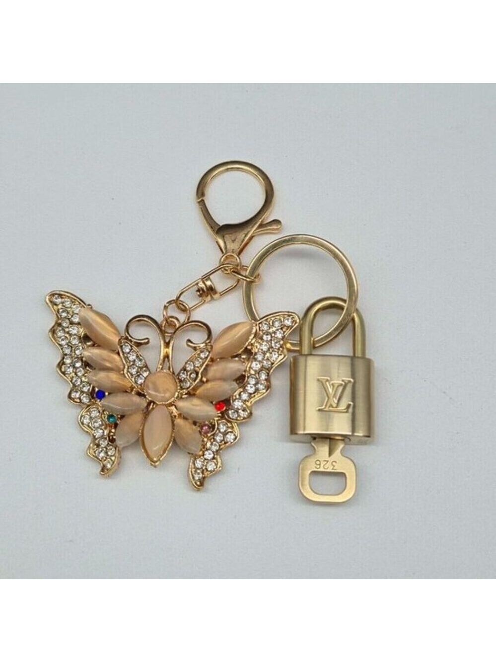 LV Authentic Gold Lock & Key 🔑 Luxury Bag Charm w/ Unbranded Butterfly Keychain